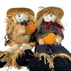 Decorative Harvest Scarecrow Couple With Straw Hats & Fabric Clothing